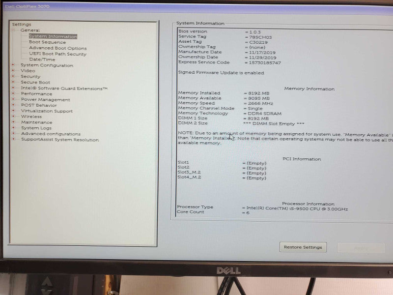 Dell Optiplex 3070, Core I5-9500 3.0GHz, 8GB DDR4, 1x 3.5\\" HDD Tray _