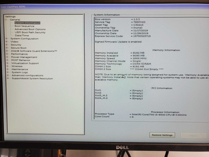 Dell Optiplex 3070, Core I5-9500 3.0GHz, 8GB DDR4, 1x 3.5\\" HDD Tray _