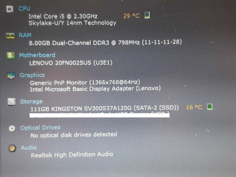 LENOVO ThinkPad T460 i5-6200U CPU @ 2.3GHz 8GB DDR3 120GB SSD +