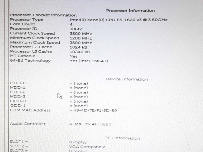 Dell Precision Tower 5810 Xeon E5-1620v3 @ 3.50Gz - No RAM / GPU / HDD +