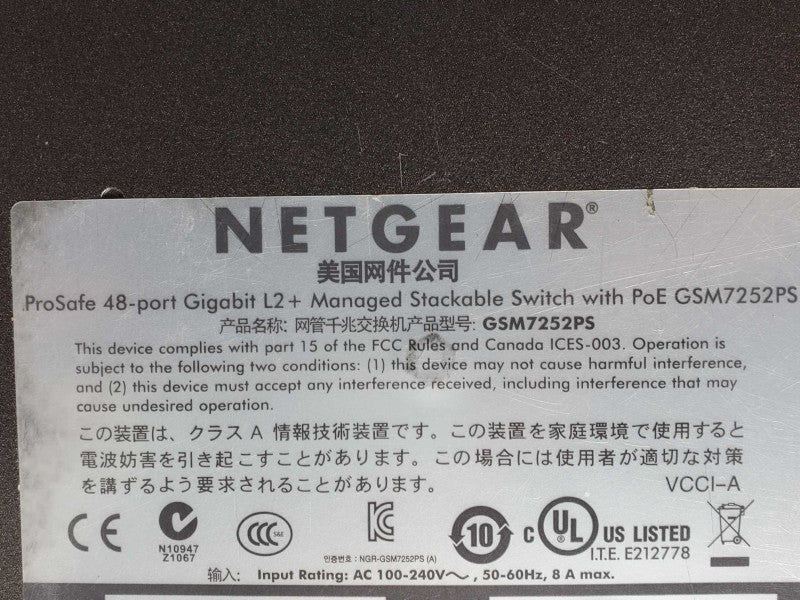 NetGear ProSafe 48-Port Gig L2+ Managed Stackable Switch w/ PoE GSM7252PS _