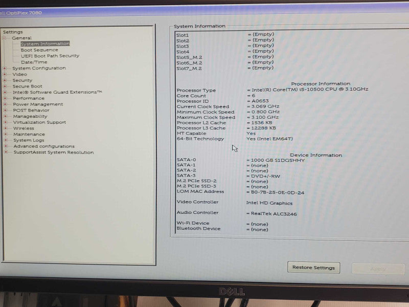 Dell Optiplex 7080, Core I5-10500 3.1GHz, 8GB DDR4, 1TB HDD _