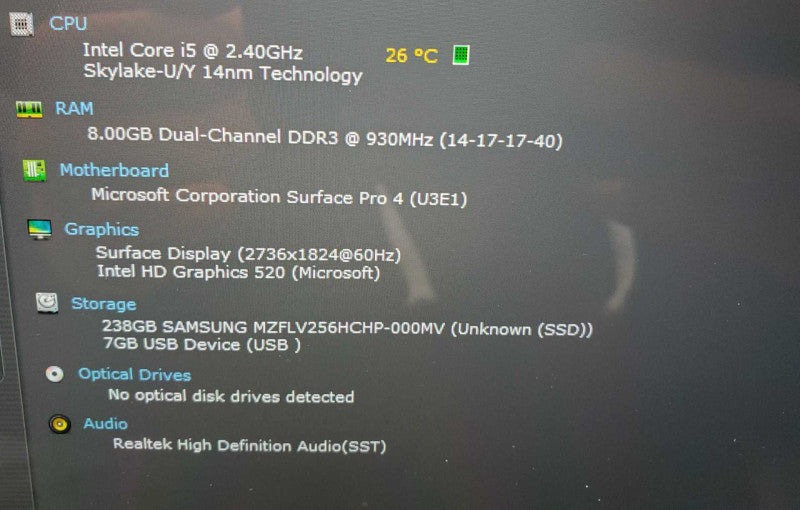 Microsoft Surface Pro 4 [1724] Core i5-6300U @ 2.4GHz 8GB Ram 256GB SSD (