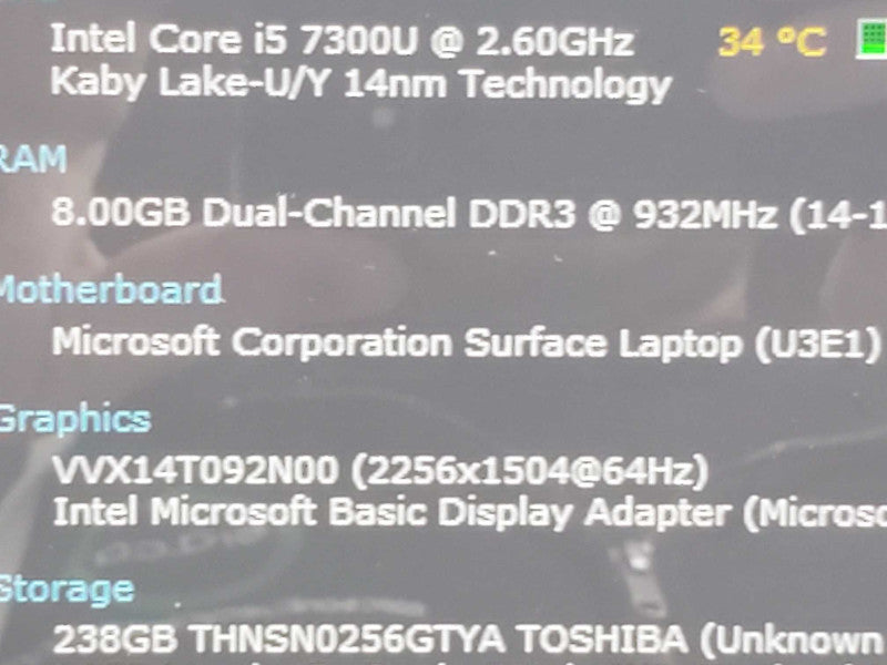 Microsoft Surface Laptop 1769 i5-7300U 8GB RAM 256GB Storage (READ) |