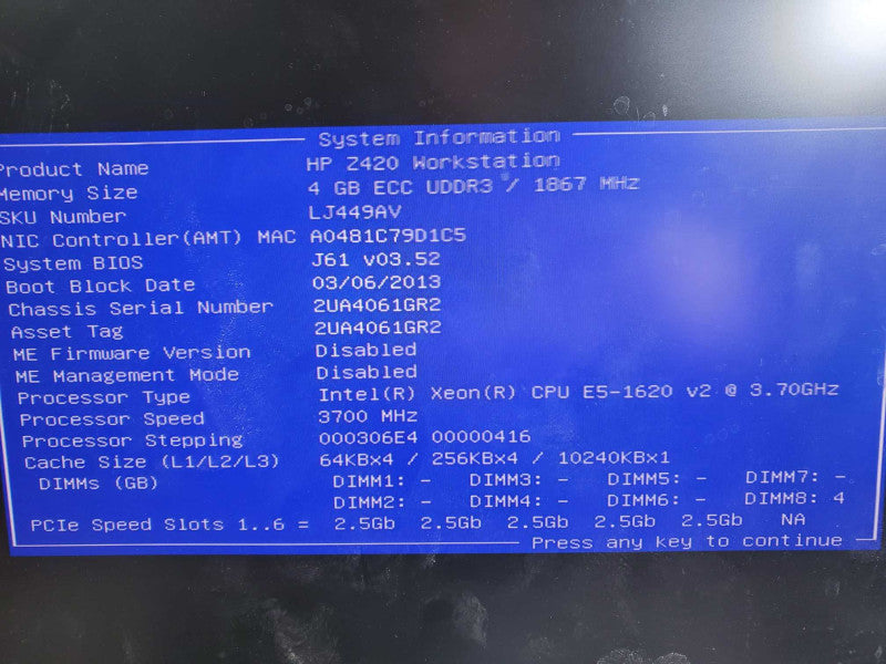 HP Z420 Workstation E5-1620 v2 @ 3.70Ghz 4GB QUADRO 600 No HDDs