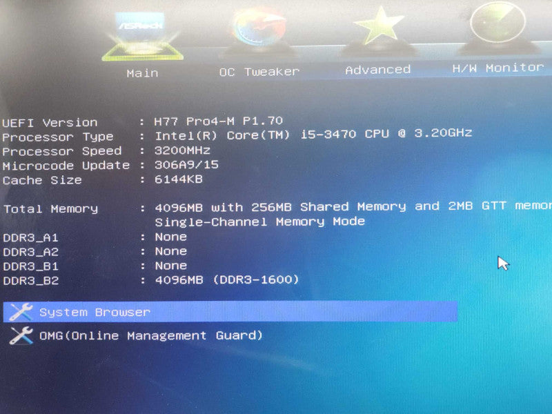 Asrock H77 Pro4-M Board with Core I5-3470 3.2GHz CPU and 4GB RAM, No I/O Cover _