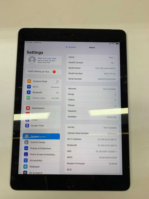 Apple iPad 6th Generation 128G Gray Wifi & Cellular Unlocked A1954 [