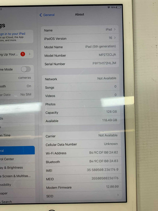Apple iPad 5th Gen 9.7\\" 128G Wi-Fi & Cellular A1823 White READ [