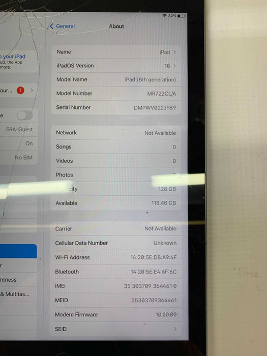 Apple iPad 6th Generation 128GB Space Gray Wifi & Cellular Unlocked A1954 [