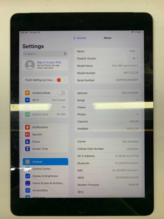 Apple iPad 6th Generation 128G Gray Wifi & Cellular Unlocked A1954 [