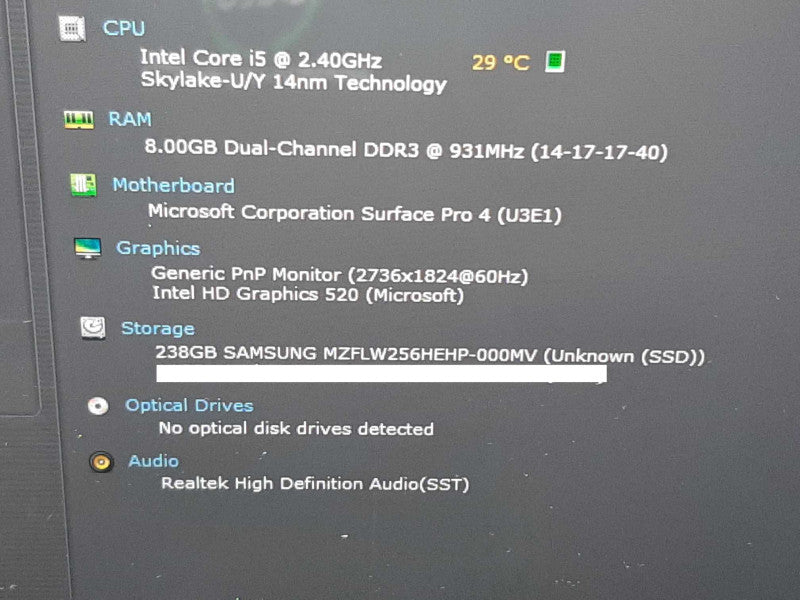 Microsoft Surface Pro 4 12.2\\" i5-6300U @ 2.40GHz 8GB RAM 256GB SSD +