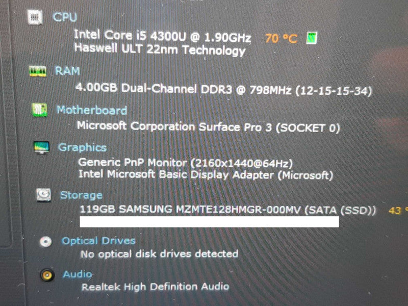 Surface Pro 3 i5-4300U @ 1.90GHz 4GB RAM 128GB Flash +