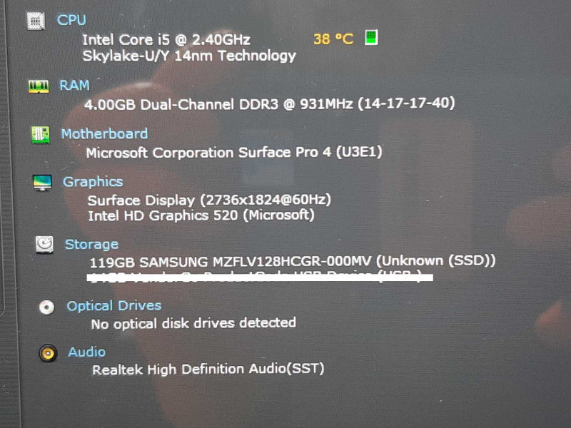 Microsoft Surface Pro 4 12.2\\" i5-6300U@2.40GHz 4GB RAM 128GB Flash - See Notes +