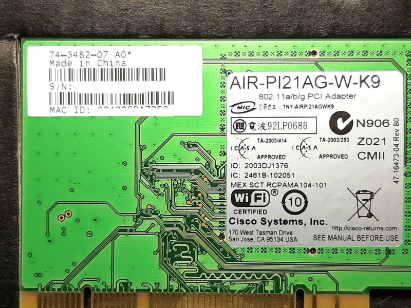 Cisco Aironet 802.11a/b/g Wireless PCI Adapter (AIR-PI21AG-A-K9) +