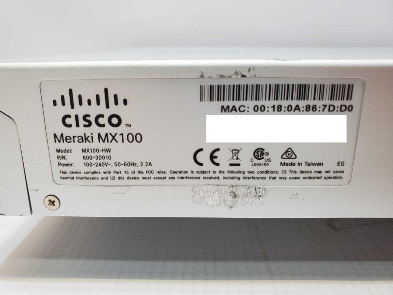 Cisco âMX100-HW Meraki Cloud Managed Security Firewall Appliance *Unclaimed* (