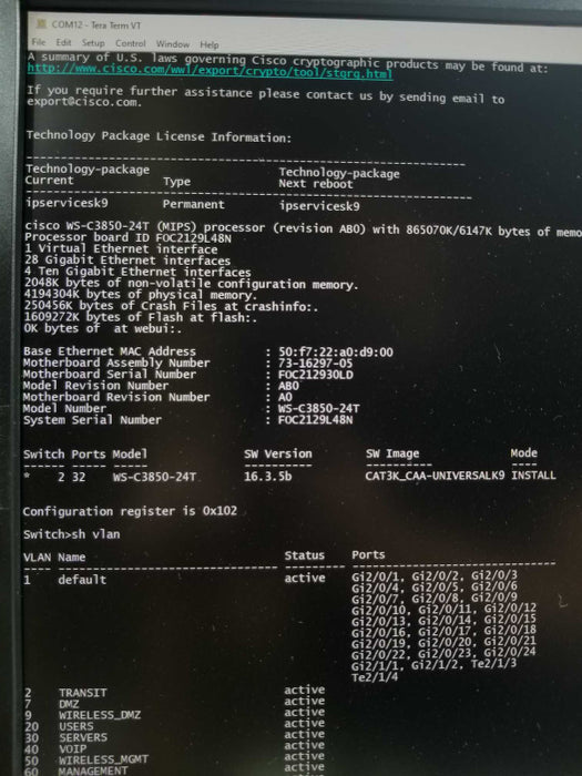Cisco WS-C3850-24T-E 24 Port GB Switch, 2x PWR-C1-350WAC, FCTY RESET ~