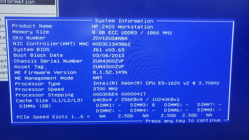 HP Z420 Workstation E5-1620v2@3.7GHz 8GB ECC DDR3 No HDD No GPU [