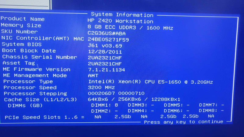 HP Z420 Workstation E5-1650@3.2GHz 8GB ECC DDR3 No HDD No GPU [