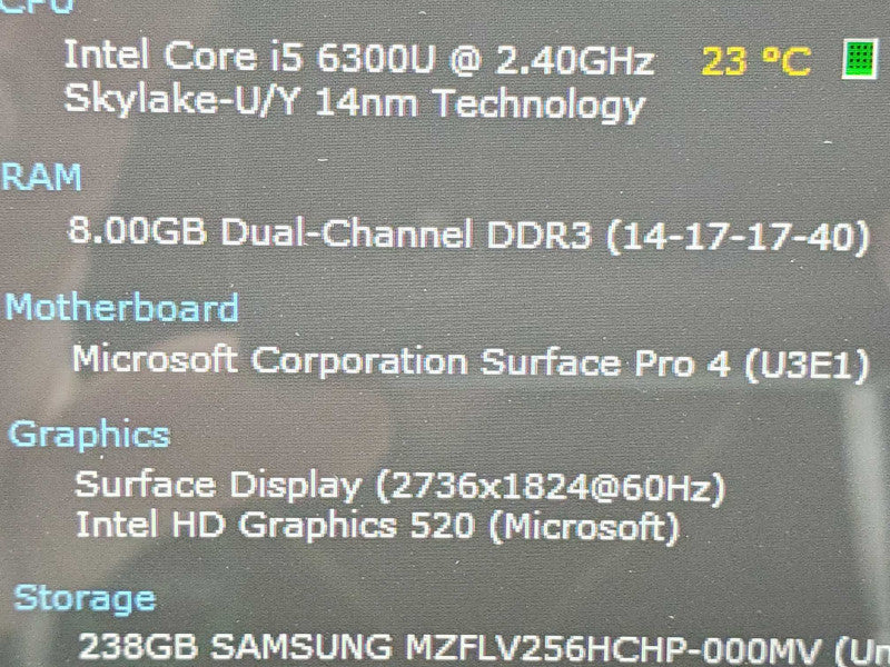 Microsoft Surface Pro 4 1724 i5-6300U 8GB DDR3 256GB Storage |