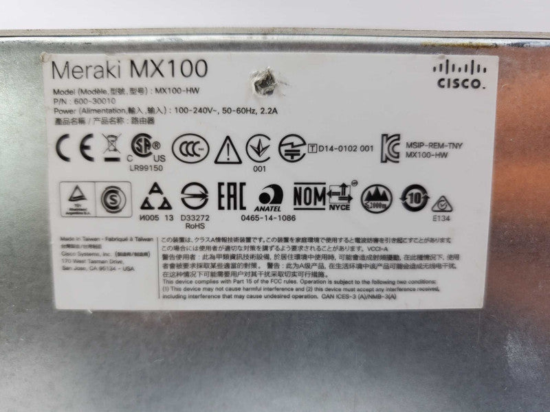 Cisco Meraki MX100 Cloud Managed Security Appliance (MX100-HW) *Claimed* (