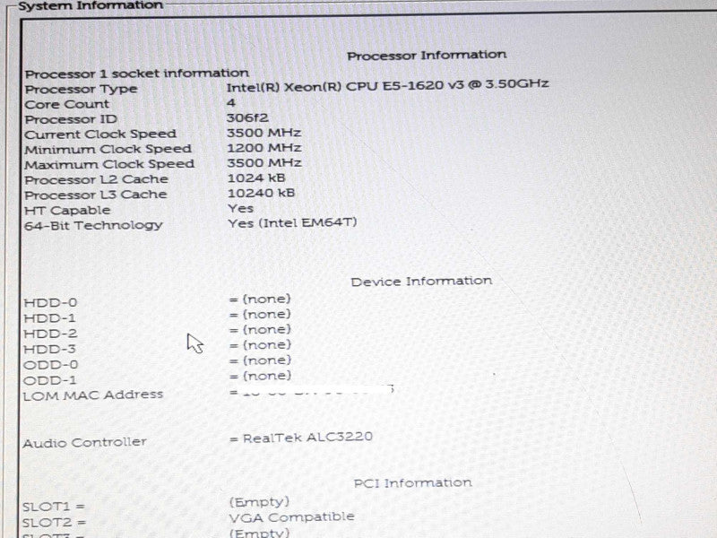 Dell Precision Tower 5810 Xeon E5-1620v3 @ 3.50GHz QUADRO K620 - NO RAM/HDD +