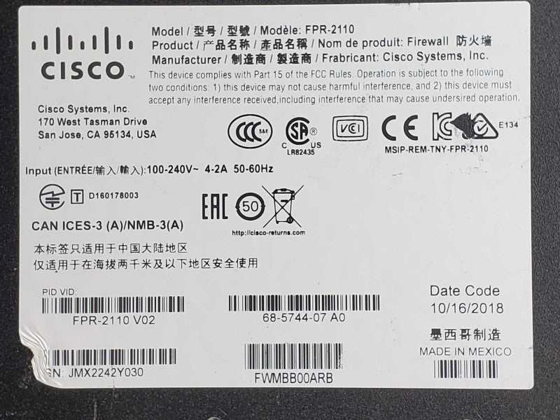 Cisco Firepower FPR-2110 Series Firewall Appliance, 1x 100GB SSD _