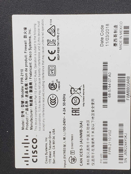 Cisco Firepower FPR-2110 Series Firewall Appliance, 1x 100GB SSD, AS-IS _