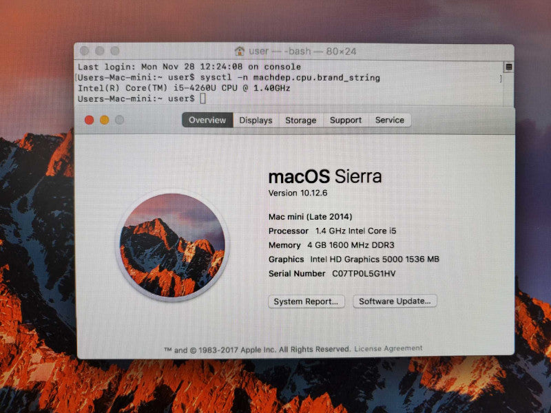 Mac Mini 2014 Core i5-4260U @ 1.4 GHz 4GB Ram 500GB HDD (