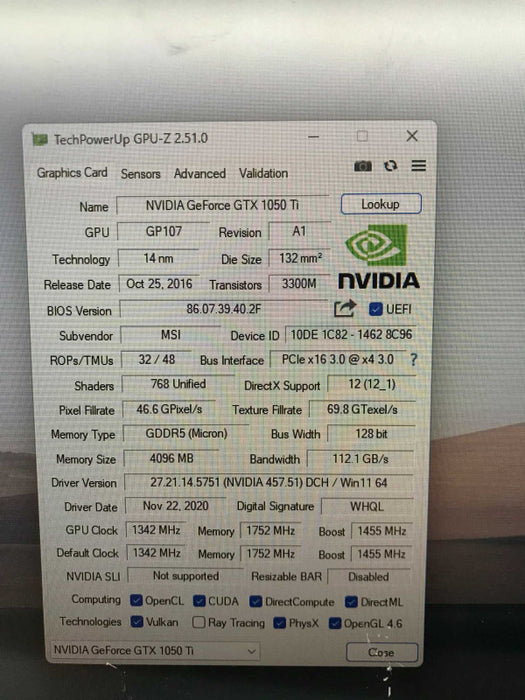 MSI GeForce GTX1050Ti 768SP 4GB GDDR5 PCI-E Graphics Video Card DP DVI HDMIOpen [