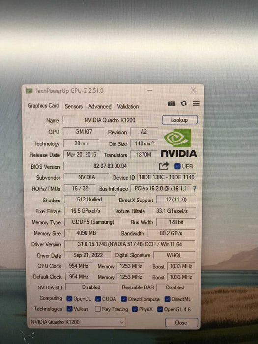 NVIDIA Quadro K1200 GPU 4gb DDR5 512c 1058mhz 4x Mini DP [