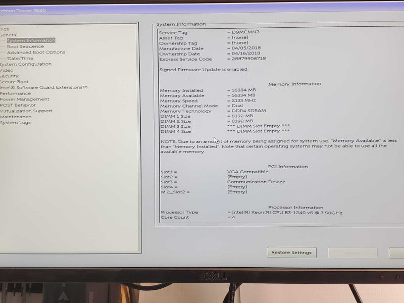 Dell Precision T3620, Xeon E3-1240v5 3.5GHz, 16GB DDR4, 256GB SSD, No GPU _