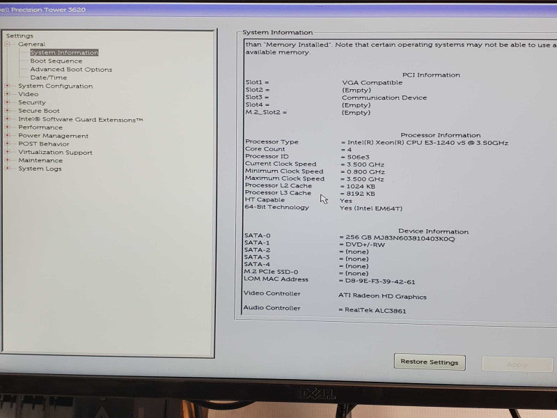 Dell Precision T3620, Xeon E3-1240v5 3.5GHz, 16GB DDR4, 256GB SSD, No GPU _