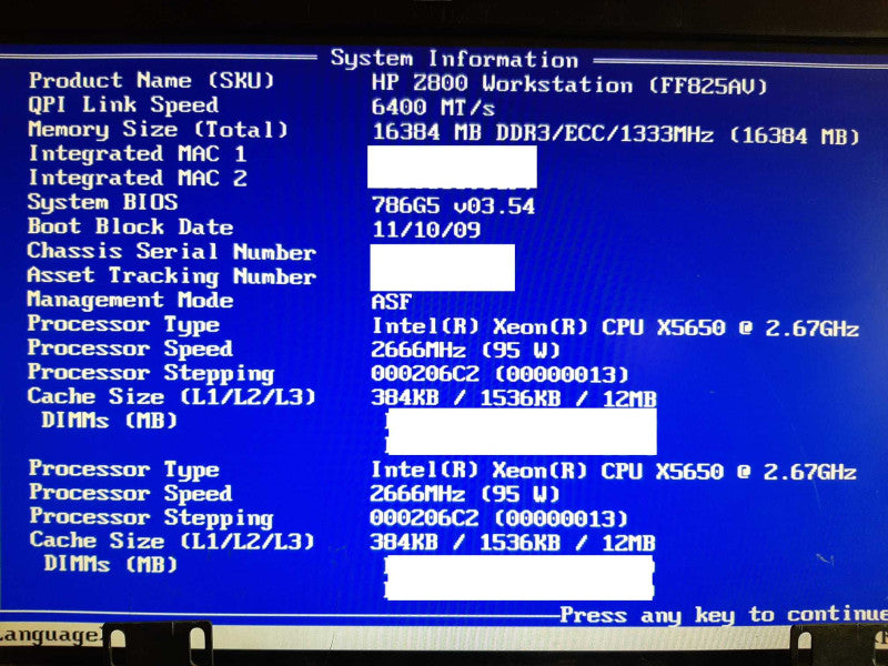 HP Z800 WS 2x Xeon X5650@2.67GHz 16GB RAM QUADRO K620 SAS1068E-IR - NO HDD +