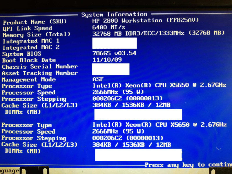 HP Z800 WS 2x Xeon X5650@ 2.67GHz 32GB RAM QUADRO 4000 SAS1068E-IR - NO HDD +