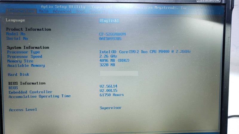 Panasonic CF-52 C2D P8400@2.26GHz 4GB DDR3 No HDD Battery 61750 Hours [