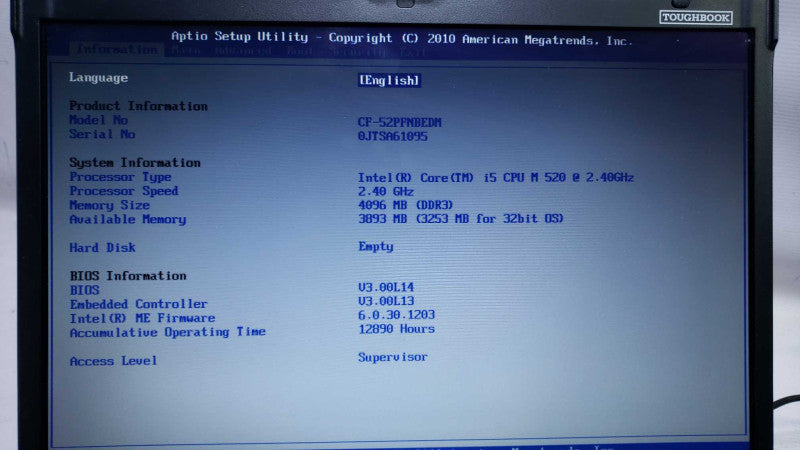 Panasonic CF-52 ToughBook i5-M520@2.4GHz 4GB DDR3 No HDD 12890 Hours [