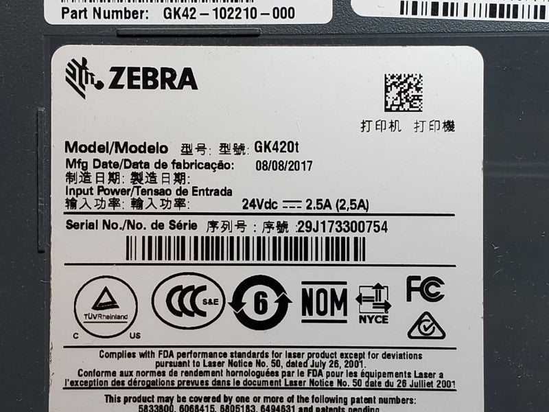 Zebra GK420t GK42-102210-000 Thermal Label Printer _
