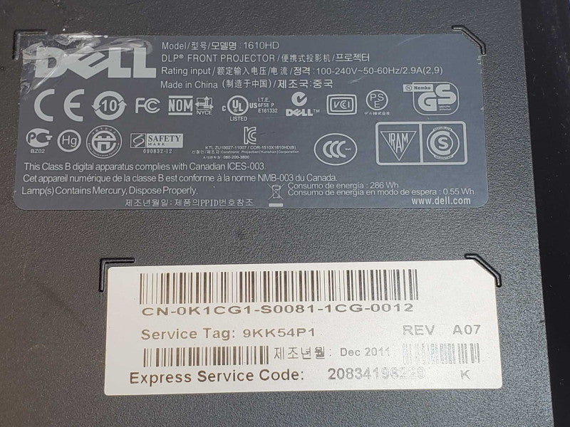 Dell 1610HD DLP Front Projector with Remote, Needs Lamp Replacement _