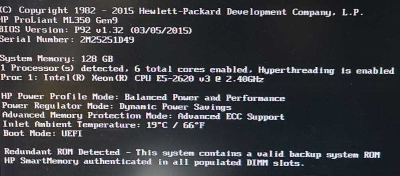 HP Proliant ML350 Gen 9 Xeon E5-2620 V3 2.4GHz 128GB RAM B140i 1x PSU  $