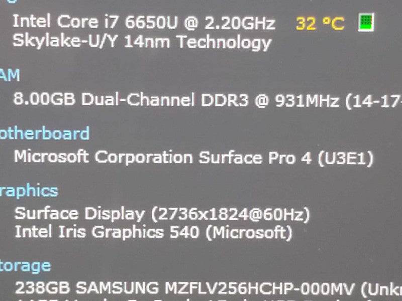 Microsoft Surface Pro 4 1724 i7-6650U 2.2GHz 8GB DDR3 256GB SSD |