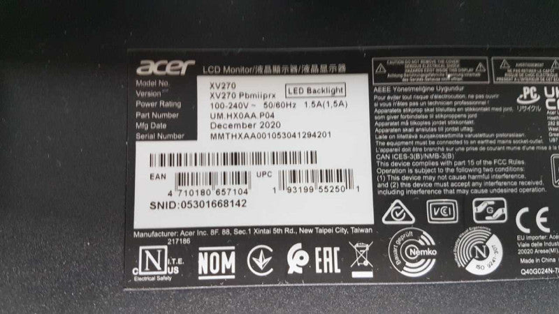 Acer LCD monitor XV270 27\\" IPS / 1 ms VRB/ 1080p / 144hz / AMD FreeSync #