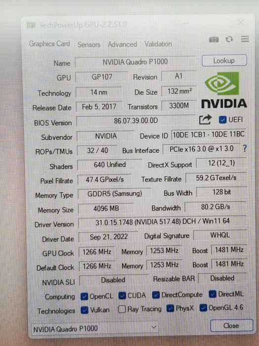 Nvidia Quadro P1000 4GB GDDR5 PCIe 4x Mini-DP Graphics Video Card OEM Dell HP ~