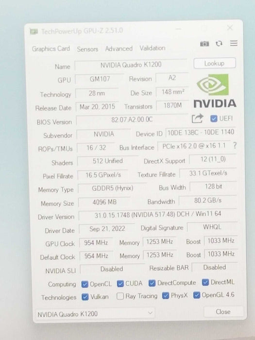 PNY Nvidia Quadro K1200 4 GB GDDR5 PCI-E x16 2.0 Desktop Video Card ~