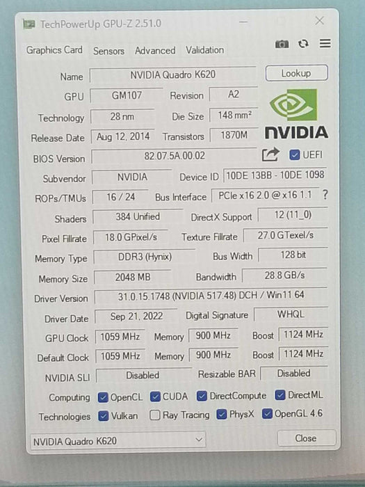 NVIDIA Quadro K620 Low Profile 2GB DDR3 PCIe DisplayPort DVI Dell 0JGN28 JGN28 ~