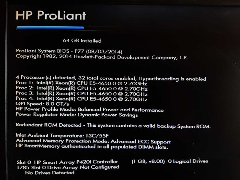 HP ProLinant DL560 Gen8 4x Xeon E5-4650 @ 2.70GHz 64GB RAM P420i -NO HDD +