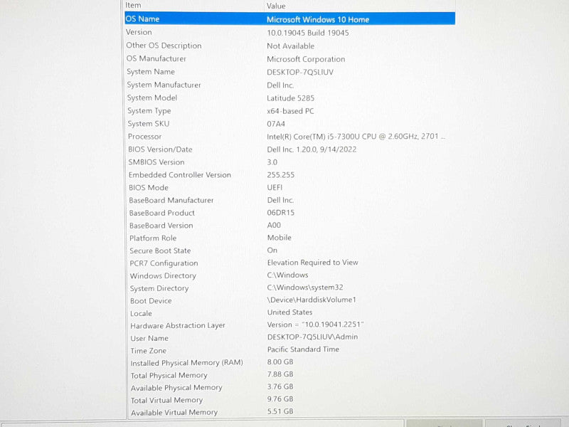 Dell Latitude 5285 i5-7300U @ 2.60GHz 8GB RAM 238GB SSD - See Notes +