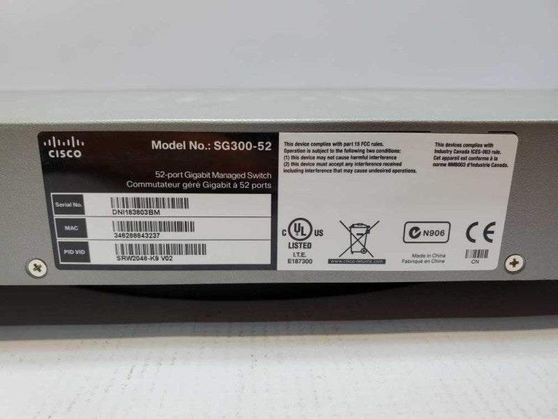 Cisco SG300-52 52-Port Gigabit Ethernet 2-SFP Port Stackable Managed Switch $
