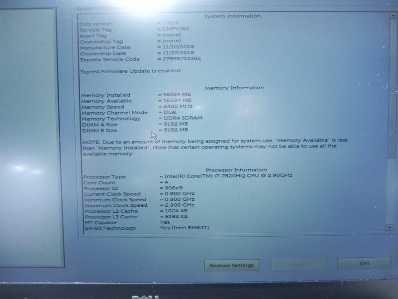 DELL Precision 5520 with i7-7820HQ 16GB RAM NO Storage  -