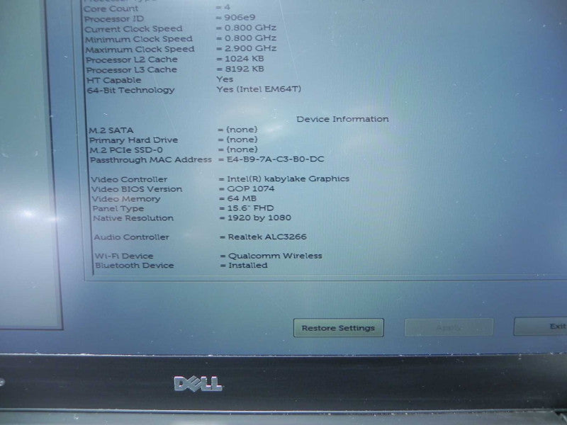 DELL Precision 5520 with i7-7820HQ 16GB RAM NO Storage  -