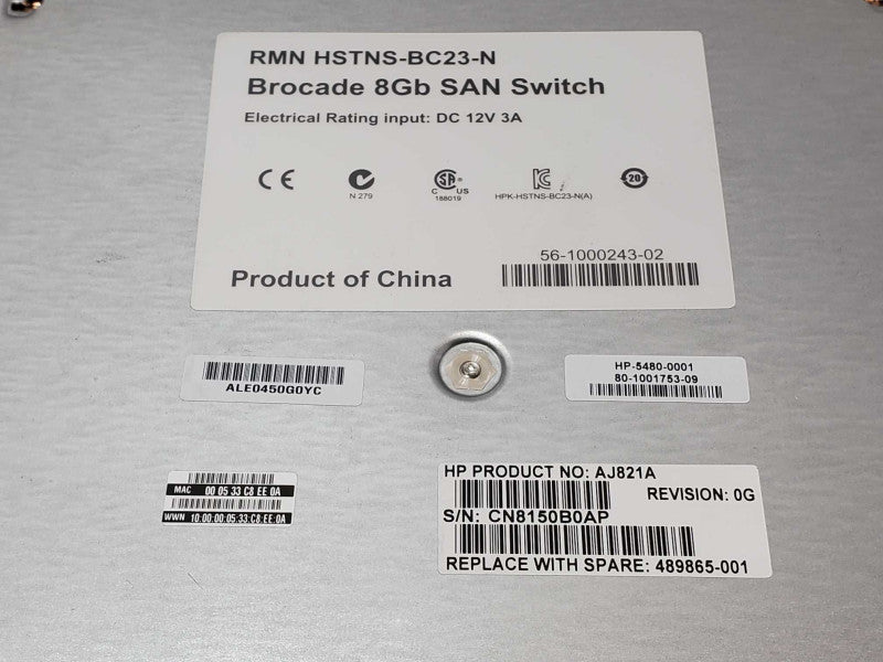 HP Brocade 8Gb SAN Switch AJ821A 489865-001 with 4x 8GB SW B-Series FC SFP+ _